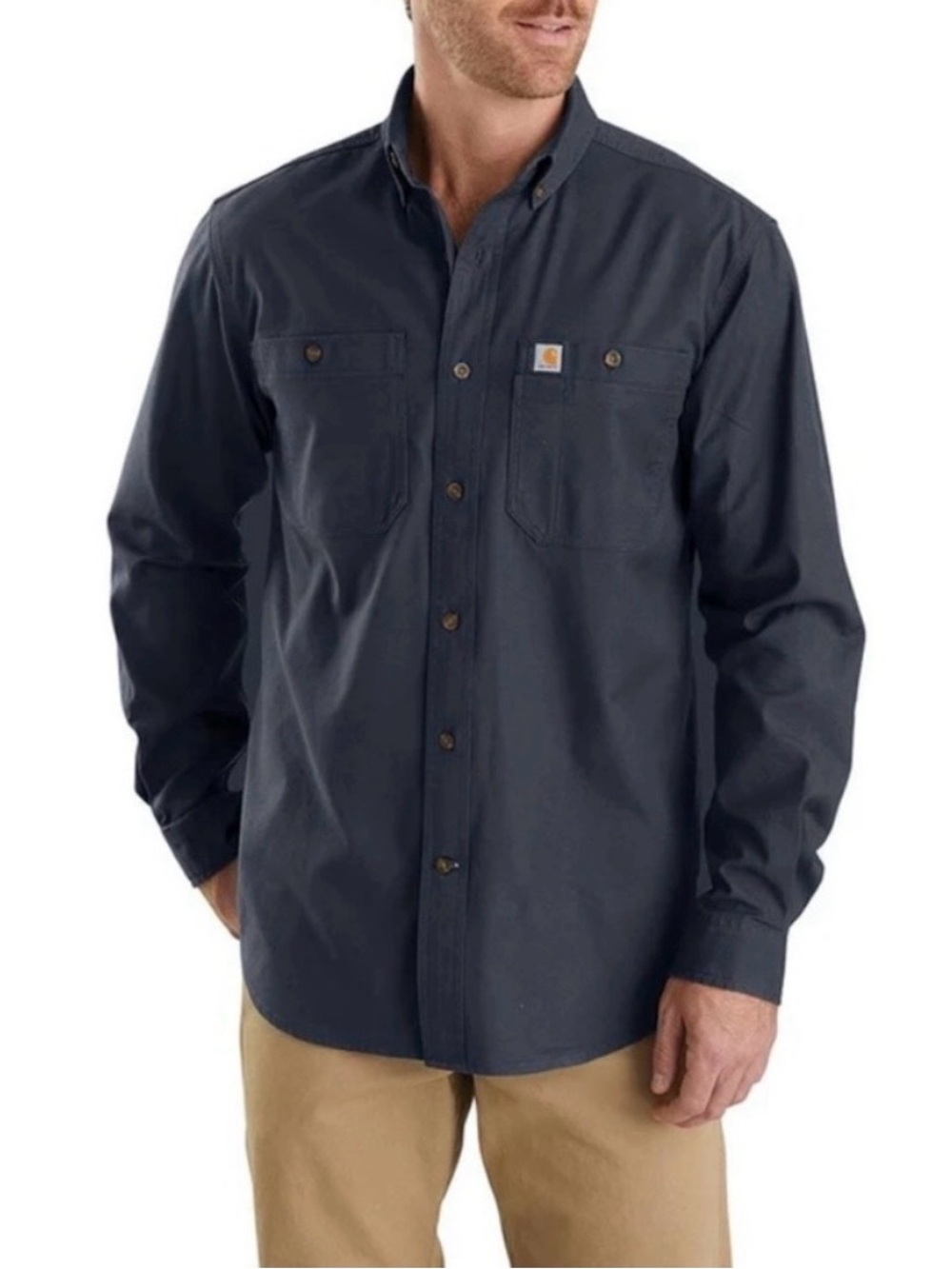 Carhartt Men's Rugged Flex Relaxed Fit Midweight Canvas Long-Sleeve Shirt navy